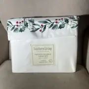 Southern Living Printed Holiday Sheet Set Queen Holly Cotton Christmas 400 TC