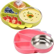 2 Pack Stainless Steel Kids Plates with Suction, Divided Toddler Plate with Silicone Sleeve, Nonslip Toddler Feeding Set, Metal Snack Food Portion Plates for Kids Led Weaning Supplies