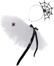 [Amosfun] 1 Set Halloween Mesh Skirt Halloween Spider Headwear Party Skirt Headdress and Short Dress Set Girls Tulle Skirt Womens Head Bands Halloween Costumes White Cosplay Accessories Baby