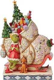 [Enesco] Jim Shore Dr. Seuss The Grinch and Max Standing by Sleigh Figurine, 8.46 Inch, Multicolor