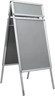 A1 Customer Stopper Poster Stand with Header, Aluminium Alloy A-Frame, Double-Sided Display, 63x79x146 cm, Silver, Portable & Collapsible, Easy Assembly