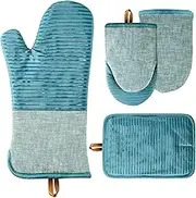 Oven Mitts and Pot Holders 4pcs Set, Non-Slip Cotton Oven Gloves and Potholder- Heat Resistant, Durable- Long Kitchen Mitt, Mini Oven Mitts, Pot Holder Set for Cooking Baking Grilling (Blue)