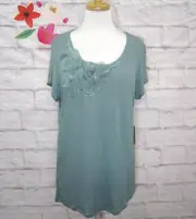 Ann Taylor Flower Pearl Rhinestone Embellished Tee Top Teal Size XL NWT