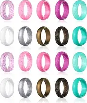Hicarer 20 Pieces Silicone Wedding Ring for Women, Thin Stackable Silicone Ring Wide Glitter Rubber Wedding Bands for Wedding Sport Supplies