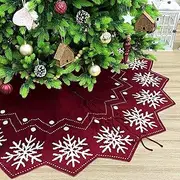 [Starry Dynamo] 72-Inch Wavy Edged Reversible Knit Christmas Tree Skirt: Burgundy & White Snowflake Pattern with Lace Ties