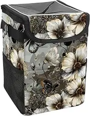 Car Trash Can with Lid and Storage Pockets Leak-Proof Organizer,Waterproof Garbage Can,Vintage Flowers and Butterflies