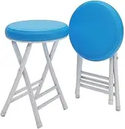 2Pcs Round Folding Stool Simple Faux Leather Chairs Easy Storage Guest Seating Metal Frame Garden Stools,Blue