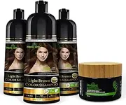 Herbishh Ultimate Hair Color Shampoo Kit (3pcs Hair Color Shampoo Dye +1 Argan Hair Mask) Smooth and Long Lasting Color Shampoo for Grey Hair Men & Women Easy & Quick to Use-Combo4 (Light Brown)