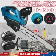 Brushless Cordless 16'' Chainsaw Wood Saw Battery Charger For Makita 18V x2(36V)