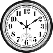 12 Inch Indoor/Outdoor Retro Waterproof Wall Clock with Thermometer Silent Round Quartz Battery Operated Easy to Read Decorative for Kitchen Patio,Bathroom,Deck,Porch,Pool(Silver)