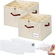 2Pack Shoe Storage Box with 32 Shoe Bags,TINY SPARK Adjuistable Shoes Organiser,Foldable Shoe Boxes with Clear Cover for Closet Storage with Leather Handles, Fits 8-16 Pairs,Beige,43 * 43 * 31cm