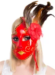 Red 3/4 Face Masquerade Mask with Feathers