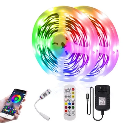 RGB LED Strip Light with Bluetooth Controller, 32.8ft Light Strip with 12V Po...