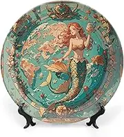 Map of classic outdoor benches with mermaids, ceramic decorative plates, decorative plates for display, boho style dinner plate with display stand,