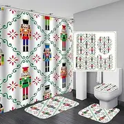 Smaroll Christmas Nutcracker Shower Curtain Set with Rugs Merry Christmas Fabric Waterproof Holiday Shower Curtains for Bathroom Set with Shower Curtain Bathroom Curtains Shower Sets White Green