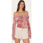 Dusty Pink Printed Bardot Chiffon Blouse, Dusty Pink