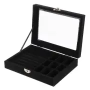 7 Slots Velvet Ring Jewelry Box Organizer 9 Grid with Glass Lid, Black