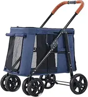 Large Dog Pram Stroller Multiple Pet Cat Cart Trolley Foldable 2 Cats Carriage, Dog Strollers for Large Dogs Pushchair for Twin or Multiple Pet Travel, Load-Bearing 66lbs(Blue)