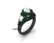 1.3CT Round Cut Real Green Emerald White Skull Jewelry Ring 14K Black Gold Over