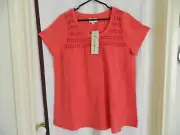 New AUTOGRAPH Women's Top Short Sleeve Coral Red Embroidered Cotton PLUS Size 18