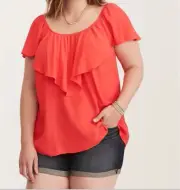 Torrid Womens 1 1X Shirt Flutter Sleeve Ruffle Layered Overlay Coral Colorful