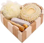 6 Pcs Bath Accessories Set, Body and Skin Care Set, Face Massage Roller, Hair Brush, Pumice Stone, Loofah, Exfoliating Sponge, Wooden Tray Gift Basket, Shower Heart Shaped Gift Box Set, for Men Women