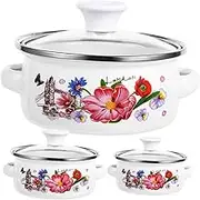 JECOMPRIS 3Pcs Vintage Enamel Soup Pot Set Double Handle Flat Bottom Cooking Pots for Kitchen Use Practical and Stylish Enamel Cookware
