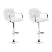 2x Bar Stools Leather Gas Lift w/Armrest White