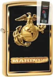 Zippo 80270 USMC Marines Logo High Polish Brass Lighter + FLINT PACK