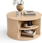 [LINSY HOME] Round Coffee Table, 31.5" Drum Coffee Table with Sliding Tambour Door, Fluted Accent Center Table with Storage, Mid Century Modern Coffee Table for Living Room, Oak