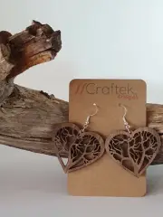 Wooden Earrings Heart Shape Tree of Life Design Laser Cut Drop/Dangle Style E1