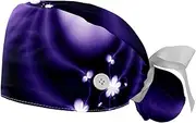 [WOSHJIUK] Working Hat 2 Pack Scrub Caps for Women,Flowers Abstract Purple Pattern,Tie Back Cap Adjustable Scrub Hat