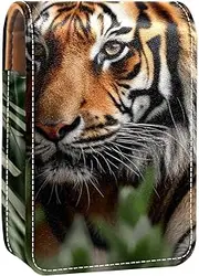 Lipstick Case,Leather Lip Gloss Lipstick Organizer with Mirror,Mini Lipstick Holder Bag,Forest Animal Tiger