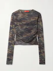 [COMMISSION] COMMISSION - Cropped Gathered Camouflage-print Mesh Top - Green - medium medium Green