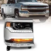 Right Headlight for Chevy Silverado 1500 2016-2018 [Only for HID Model] [Chrome] OE Head Lamp Replacement Passenger Side