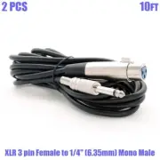 2x 10FT XLR 3 pin Female Jack to 1/4" 6.35mm Mono Male Plug Microphone Mic Cable