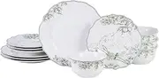 222 Fifth Hudson Valley 12-Piece Porcelain Dinnerware Set – Service for 4, Plate & Bowl Set, White with Green Floral and Fauna Traditional Design, for Daily Dining, Microwave & Dishwasher Safe