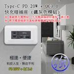 朝日科技 P-USB-UR08G 鐵灰色模組 PD 20W + QC3.0 快充暗插座 支援兩台裝置同時充電 不含面板