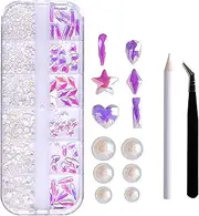 LOUJIN 12-Grid Flat Diamonds Special-Shaped Diamonds Manicure Tools Set Spot Drill Pencil + Curved Tweezers Dazzling Nail Art Decoration DIY Accessories