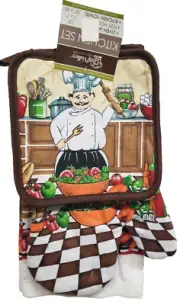 3pc Kitchen Set: 1 Oven Mitt,1 Towel & 1 Potholder, FAT CHEF WITH SALAD, CV