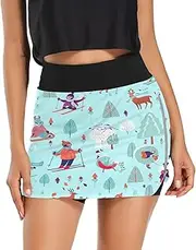 [RPLIFE] Playful Winter Activities Green Blue Activewear Skort, Ladies Golf Skirts Skorts, Elastic Waist Skirt