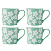 4PK Mikasa 360ml Wax Resist Green Flower Coffee Mug Cup Clay Drinkware