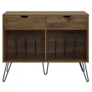 Novogratz Turntable Stand Open Cubbies Metal Dividers Walnut Finish 2-Drawers