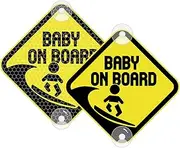 Baby On Board Surf Sticker for Cars - Reflective PVC Car Decals with Suction Cups - Double-Side Safety Warning Sign, 4.72x4.72 in (Yellow)
