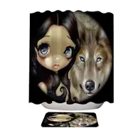 Dark Haired Beautiful Girl and Silver Eyed Wolf Shower Curtain