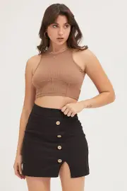 Black High Waist Front Split Skirt - Size 8, Women's Mini Skirt