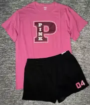 Victoria's Secret Pink Campus Tee Shirt + Ivy Shorts Set Black Red Violet L NWT