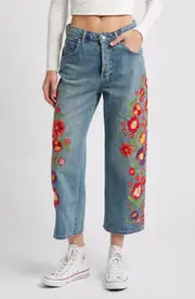 Free People Deep Trance Floral Embroidered Nonstretch Wide Leg Jeans in Retrograde at Nordstrom, Size 24
