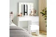 Advwin Dressing Table Stool Set 12 LED Bulbs Vanity Desk 3 Drawers Dresser White
