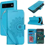 for Google Pixel 6A Case Wallet with Cards Holder,Coque for Google Pixel6A Flower Strap Case,Leather Case Women Flip Cover Bag étui portefeuille Pour Femmes for Google Pixel 6A Blue